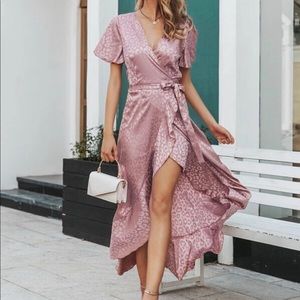 NWT! PINK LEOPARD WRAP MAXI DRESS W/ RUFFLES